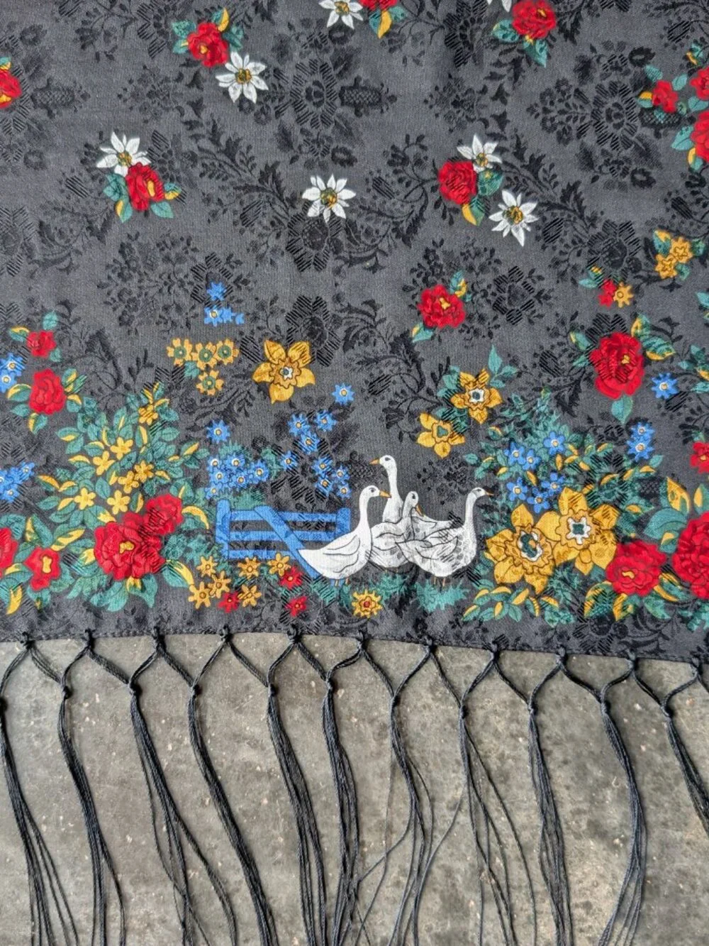 Vintage Silk Goose Scarf Black Floral Fringe Square Scarf